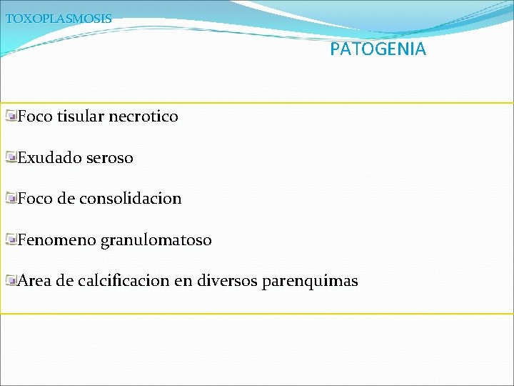 TOXOPLASMOSIS PATOGENIA Foco tisular necrotico Exudado seroso Foco de consolidacion Fenomeno granulomatoso Area de