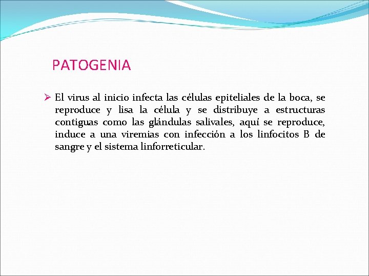 PATOGENIA Ø El virus al inicio infecta las células epiteliales de la boca, se