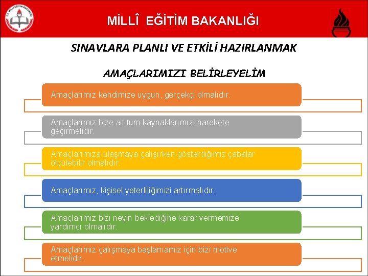 MİLLÎ EĞİTİM BAKANLIĞI SINAVLARA PLANLI VE ETKİLİ HAZIRLANMAK AMAÇLARIMIZI BELİRLEYELİM Amaçlarımız kendimize uygun, gerçekçi