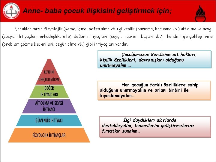 Anne- baba çocuk ilişkisini geliştirmek için; Çocuklarımızın fizyolojik (yeme, içme, nefes alma vb. )