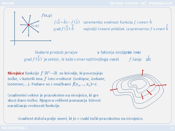 ODVODI FUNKCIJ VEČ SPREMENLJIVK Nivojnice funkcije f : n so krivulje, ki povezujejo točke,