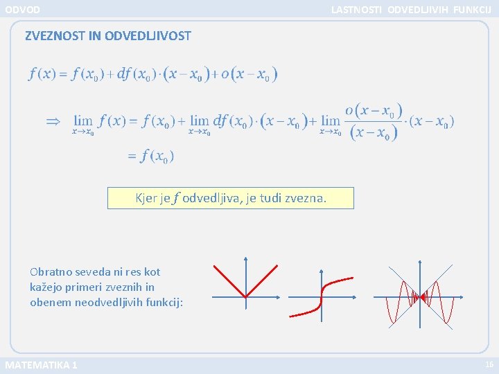 ODVOD LASTNOSTI ODVEDLJIVIH FUNKCIJ ZVEZNOST IN ODVEDLJIVOST Kjer je f odvedljiva, je tudi zvezna.