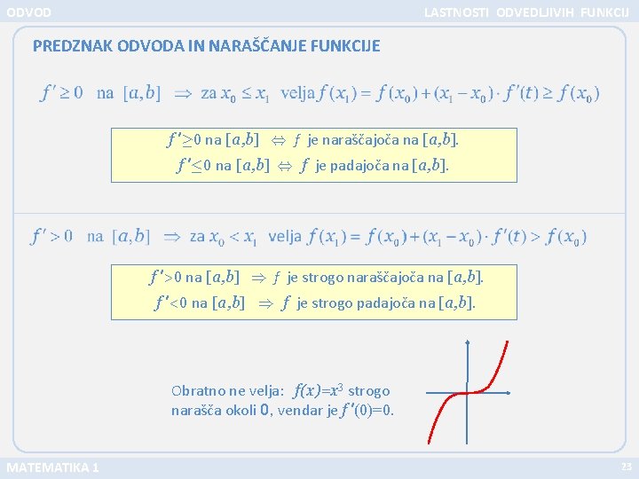 ODVOD LASTNOSTI ODVEDLJIVIH FUNKCIJ PREDZNAK ODVODA IN NARAŠČANJE FUNKCIJE f ’ 0 na [a,