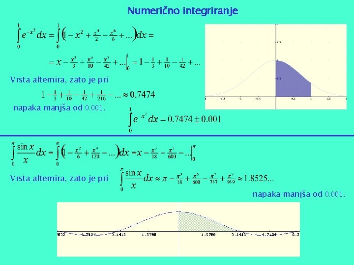 Numerično integriranje Vrsta alternira, zato je pri napaka manjša od 0. 001. 