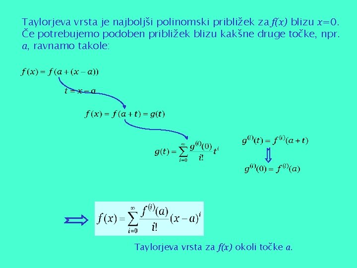 Taylorjeva vrsta je najboljši polinomski približek za f(x) blizu x=0. Če potrebujemo podoben približek