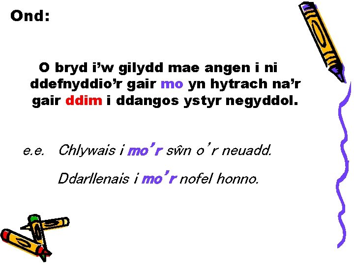 Ond: O bryd i’w gilydd mae angen i ni ddefnyddio’r gair mo yn hytrach