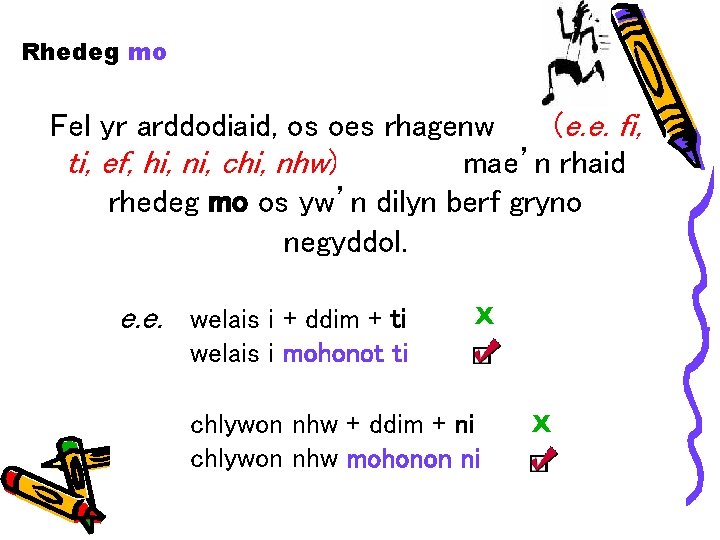 Rhedeg mo Fel yr arddodiaid, os oes rhagenw (e. e. fi, ti, ef, hi,