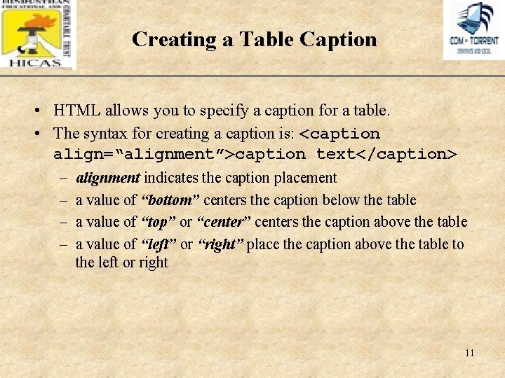 Creating a Table Caption XP • HTML allows you to specify a caption for