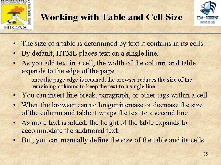 Working with Table and Cell Size XP • The size of a table is