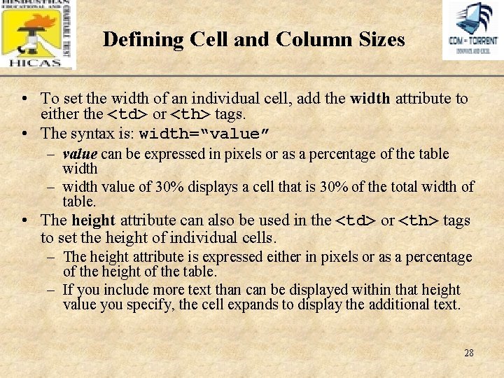 Defining Cell and Column Sizes XP • To set the width of an individual