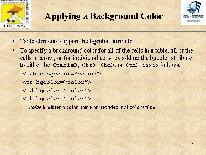 Applying a Background Color XP • Table elements support the bgcolor attribute. • To