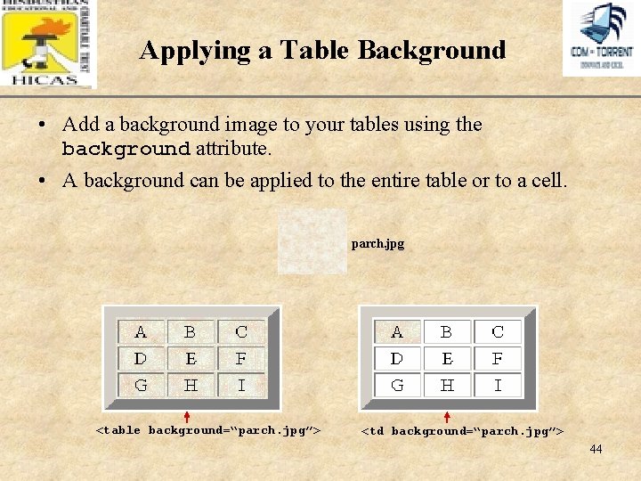 Applying a Table Background XP • Add a background image to your tables using
