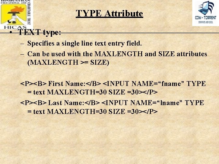 TYPE Attribute XP • TEXT type: – Specifies a single line text entry field.