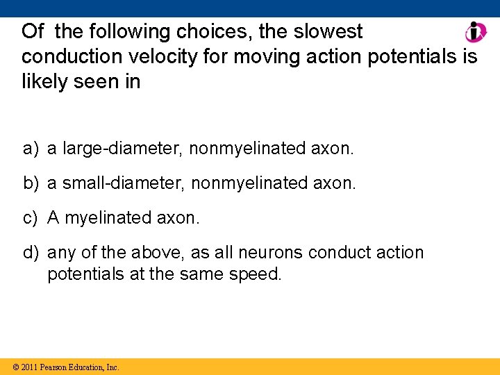 Of the following choices, the slowest conduction velocity for moving action potentials is likely