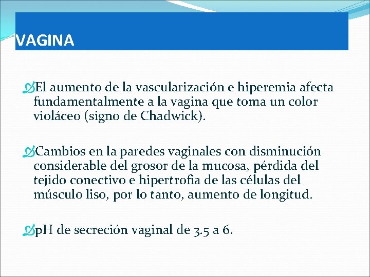 VAGINA El aumento de la vascularización e hiperemia afecta fundamentalmente a la vagina que