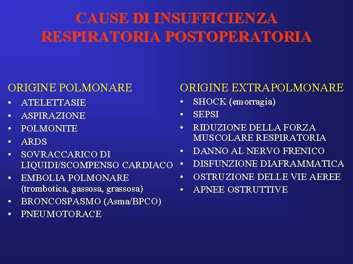 CAUSE DI INSUFFICIENZA RESPIRATORIA POSTOPERATORIA ORIGINE POLMONARE ORIGINE EXTRAPOLMONARE • • • SHOCK (emorragia)