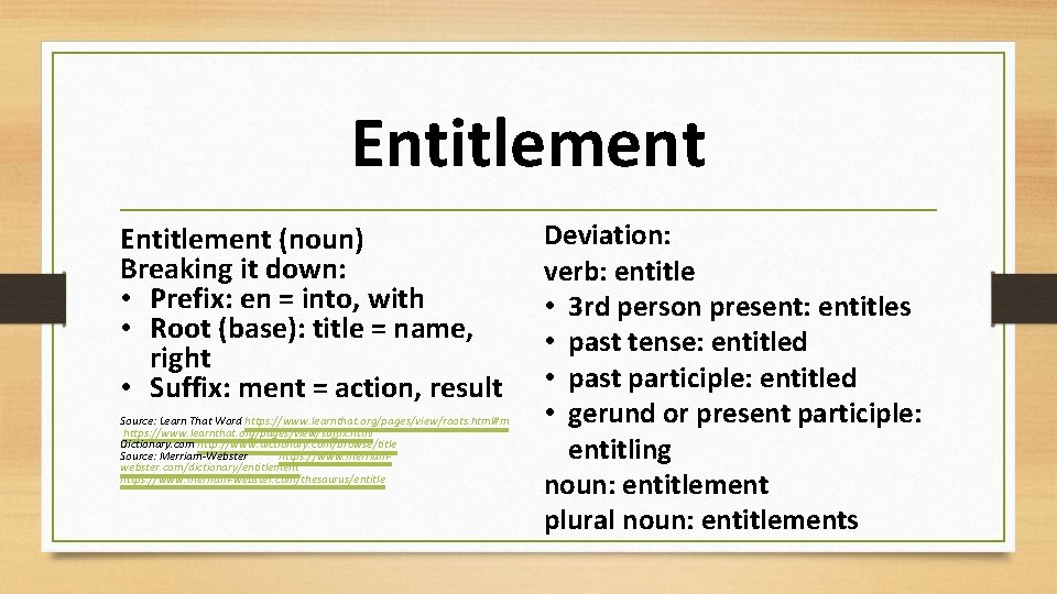 Entitlement (noun) Breaking it down: • Prefix: en = into, with • Root (base):