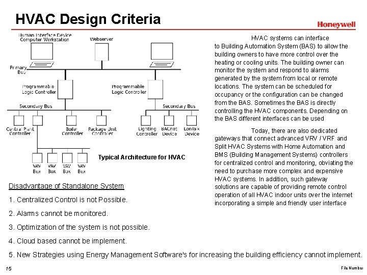 HVAC Design Criteria HVAC systems can interface to Building Automation System (BAS) to allow