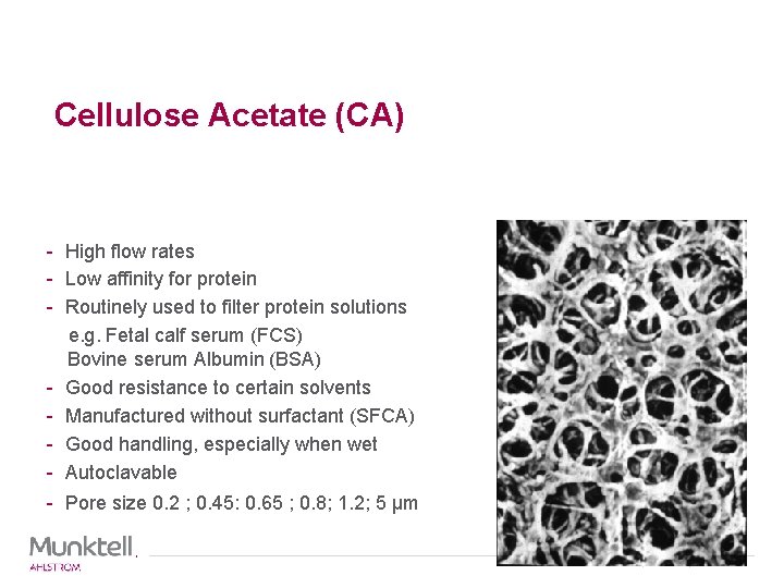 Cellulose Acetate (CA) - High flow rates - Low affinity for protein - Routinely