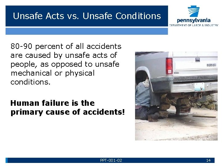 Unsafe Acts vs. Unsafe Conditions 80 -90 percent of all accidents are caused by