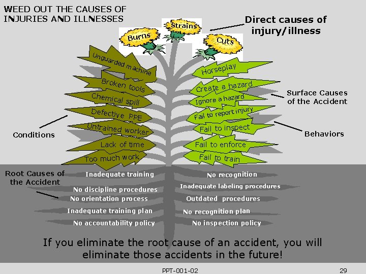 WEED OUT THE CAUSES OF INJURIES AND ILLNESSES Strains Burns Ung u Cuts ard