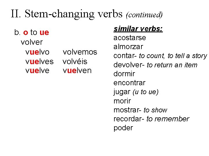 II. Stem-changing verbs (continued) b. o to ue volver vuelvo vuelves vuelve volvemos volvéis