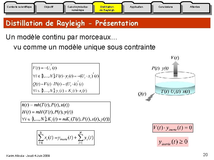 Contexte scientifique Objectif Calcul symboliconumérique Distillation de Rayleigh Application Conclusions Attentes Distillation de Rayleigh