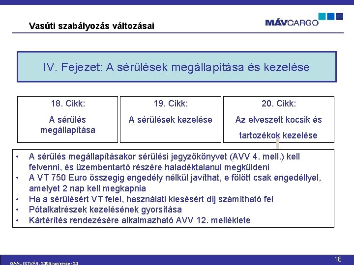 Vasúti szabályozás változásai IV. Fejezet: A sérülések megállapítása és kezelése • • • 18.