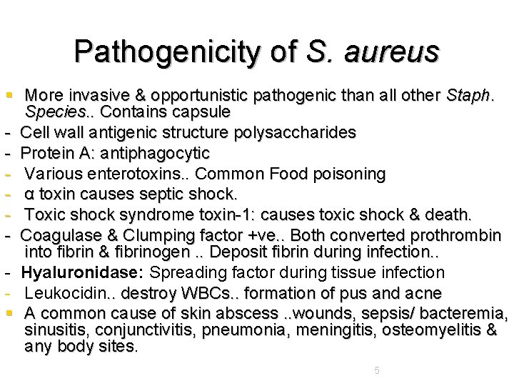 Pathogenicity of S. aureus § More invasive & opportunistic pathogenic than all other Staph.