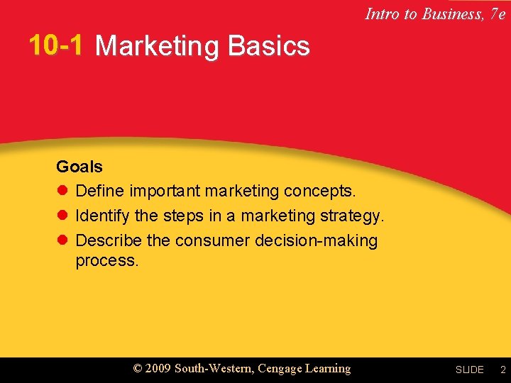 Intro to Business, 7 e 10 -1 Marketing Basics Goals l Define important marketing