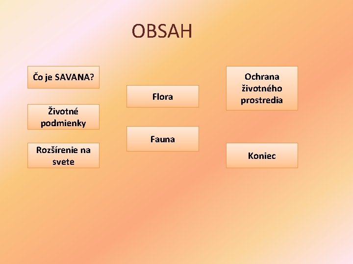 OBSAH Čo je SAVANA? Flora Životné podmienky Rozšírenie na svete Ochrana životného prostredia Fauna