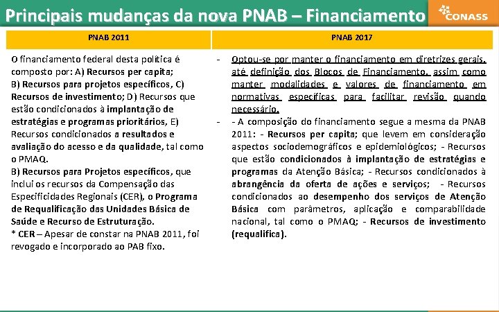 Principais mudanças da nova PNAB – Financiamento PNAB 2011 O financiamento federal desta política