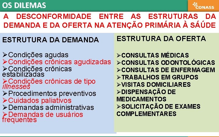 OS DILEMAS A DESCONFORMIDADE ENTRE AS ESTRUTURAS DA DEMANDA E DA OFERTA NA ATENÇÃO