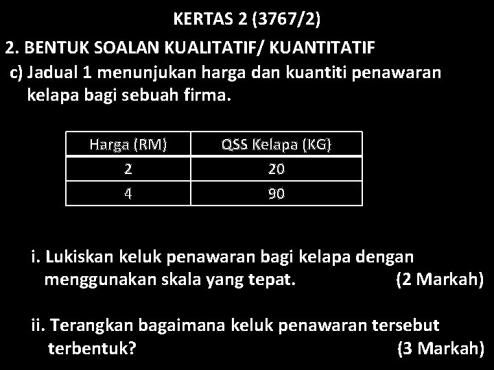 KERTAS 2 (3767/2) 2. BENTUK SOALAN KUALITATIF/ KUANTITATIF c) Jadual 1 menunjukan harga dan