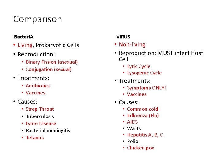 Comparison Bacteri. A • Living, Prokaryotic Cells • Reproduction: • Binary Fission (asexual) •