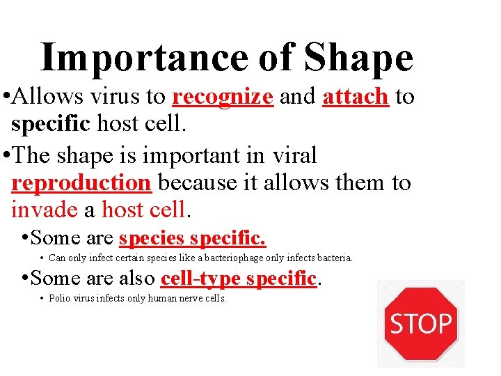 Importance of Shape • Allows virus to recognize and attach to specific host cell.