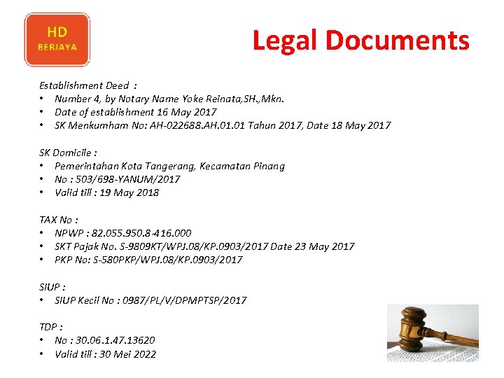 Legal Documents Establishment Deed : • Number 4, by Notary Name Yoke Reinata, SH.