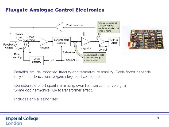 Fluxgate Analogue Control Electronics Benefits include improved linearity and temperature stability. Scale factor depends
