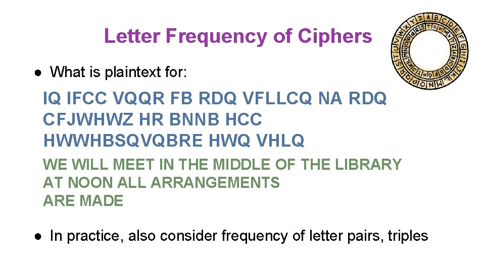 Letter Frequency of Ciphers ● What is plaintext for: IQ IFCC VQQR FB RDQ