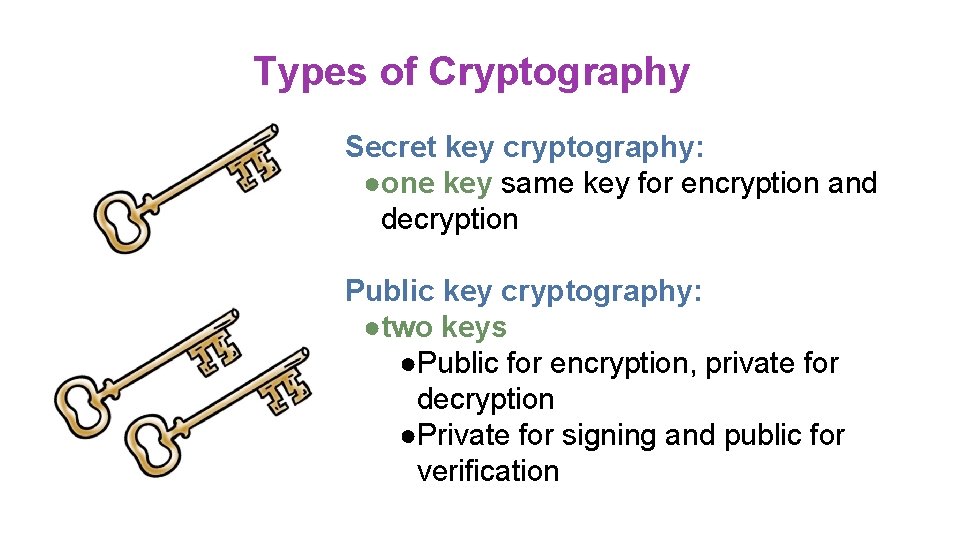 Types of Cryptography Secret key cryptography: ●one key same key for encryption and decryption