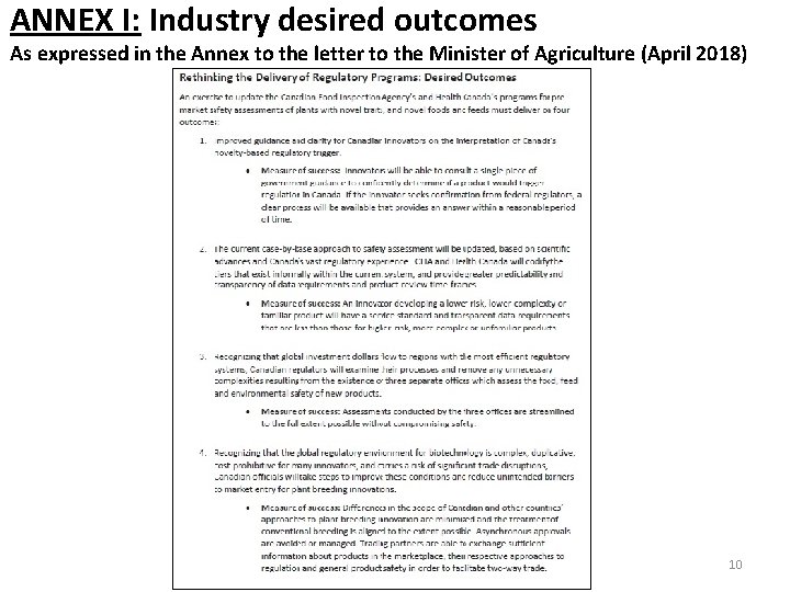 ANNEX I: Industry desired outcomes As expressed in the Annex to the letter to