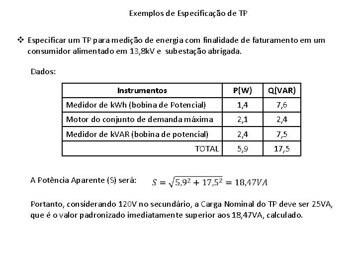 Exemplos de Especificação de TP v Especificar um TP para medição de energia com