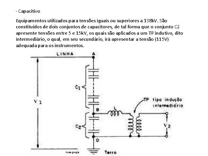 - Capacitivo Equipamentos utilizados para tensões iguais ou superiores a 138 k. V. São