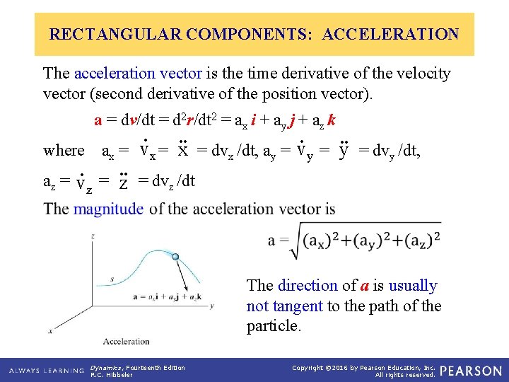 RECTANGULAR COMPONENTS: ACCELERATION The acceleration vector is the time derivative of the velocity vector