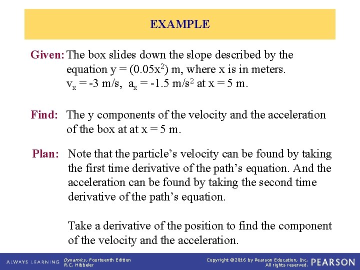 EXAMPLE Given: The box slides down the slope described by the equation y =