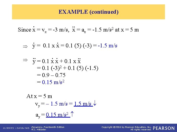 EXAMPLE (continued) 2 Since x = vx = -3 m/s, x = a x