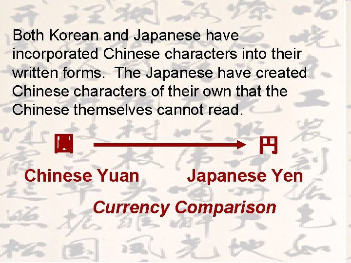 Both Korean and Japanese have incorporated Chinese characters into their written forms. The Japanese