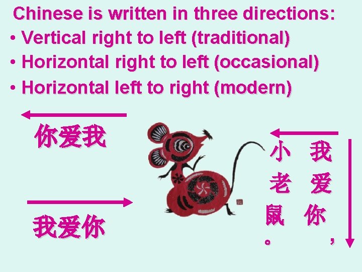 Chinese is written in three directions: • Vertical right to left (traditional) • Horizontal