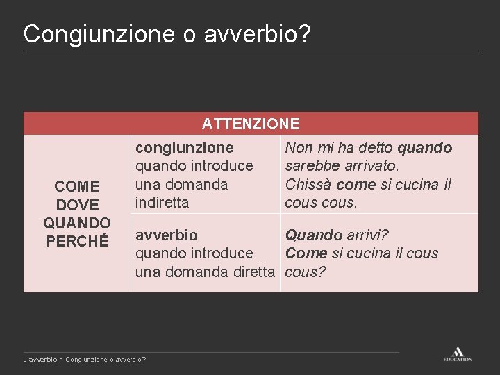 Congiunzione o avverbio? ATTENZIONE COME DOVE QUANDO PERCHÉ congiunzione quando introduce una domanda indiretta