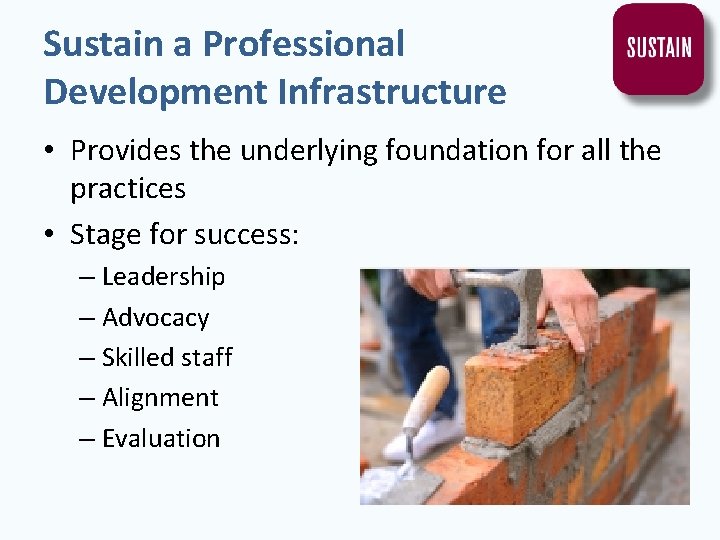 Sustain a Professional Development Infrastructure • Provides the underlying foundation for all the practices
